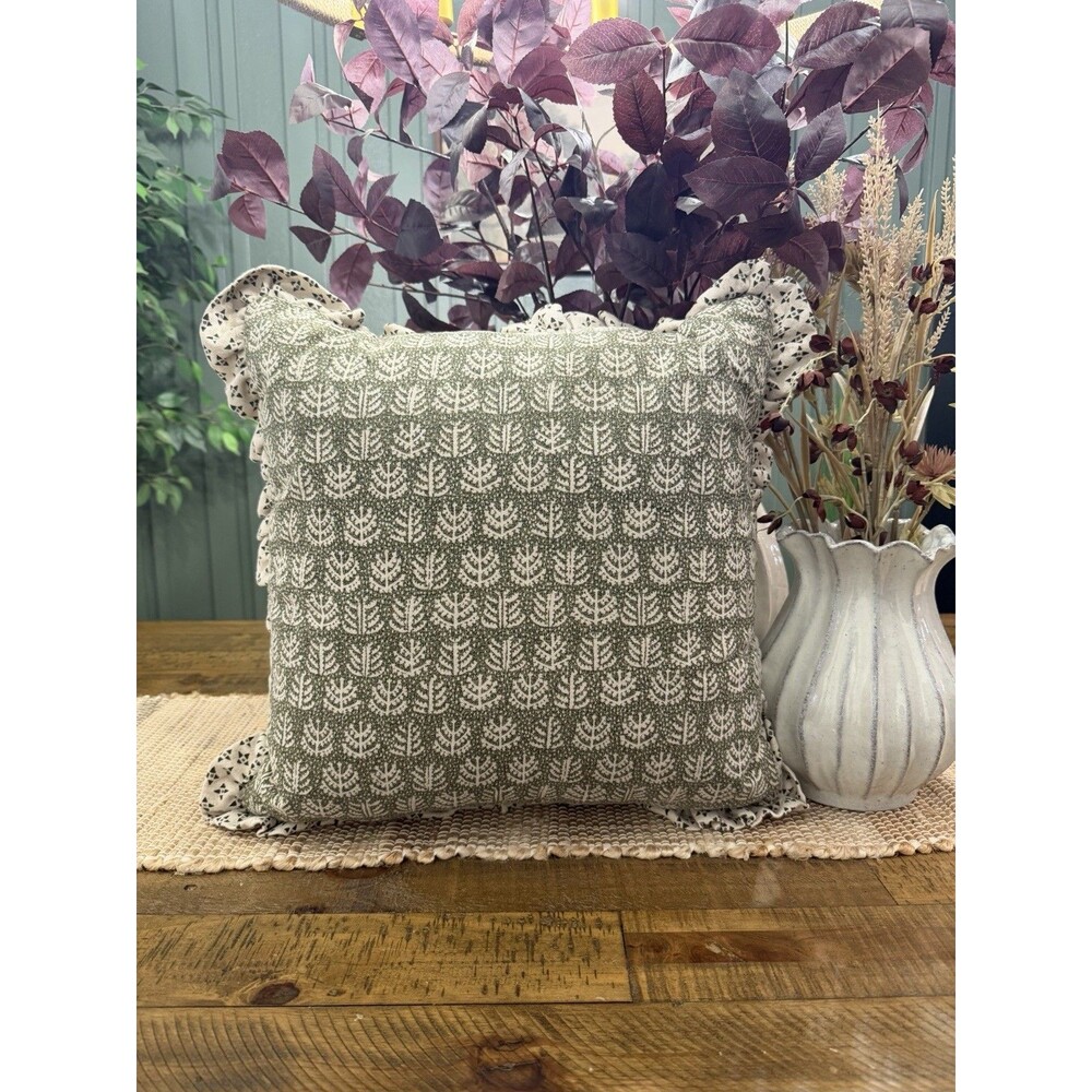 Square Block Print Reversible Pillow with Ruffle Trim Green - Threshold NEW